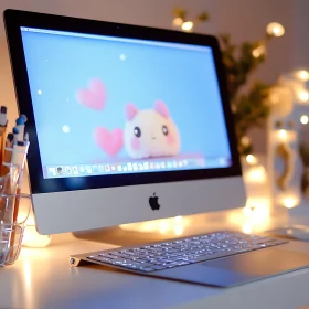 Modern Desktop Setup with Cute Screen and Warm Lighting