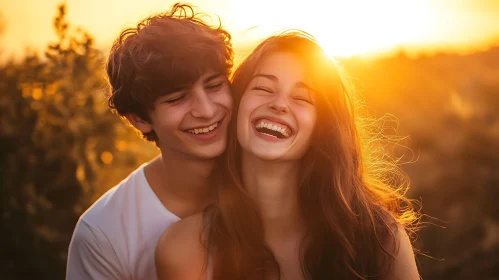 Golden Hour Bliss: Couple's Laughter in Sunset