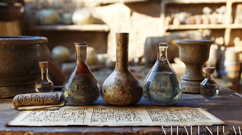 AI ART Vintage Bottles and Ancient Script Still Life