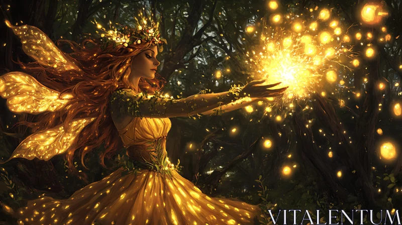 AI ART Golden Fairy in Mystical Woods