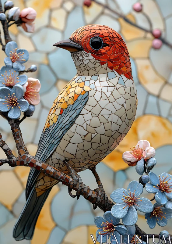 Ceramic Tile Bird with Blue Flowers AI Image