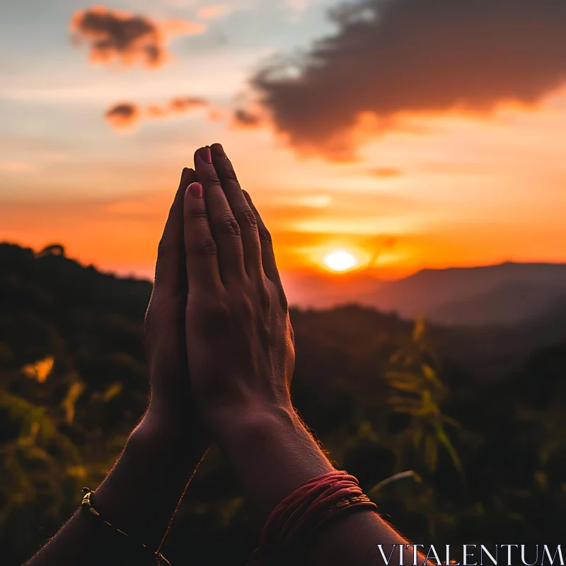 Hands in Prayer - Sunset Meditation AI Image