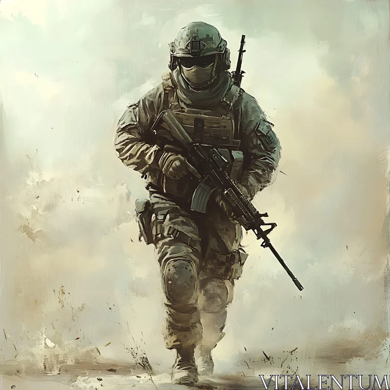 Armed Soldier Striding Forward AI Image