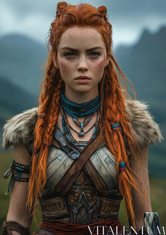 Red-Haired Warrior Woman in Armor AI Image