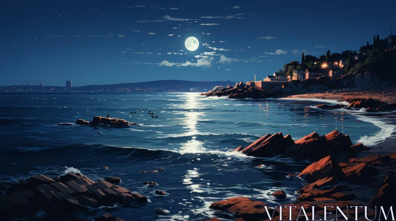Moonlit Seaside View: A Serene Blend of Traditional Landscapes AI Image