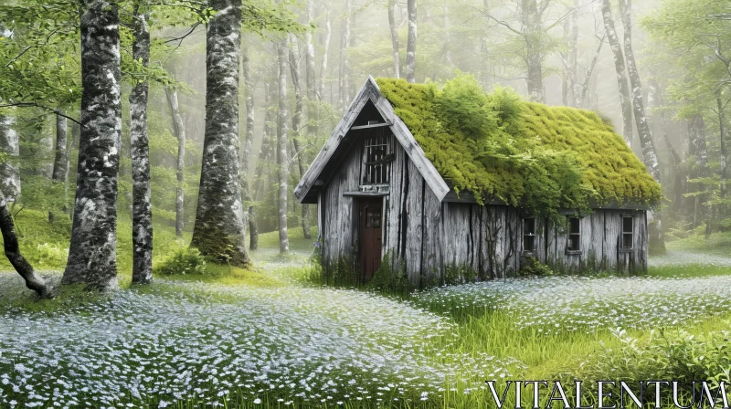 Mysterious Abandoned Cabin in Dense Forest AI Image