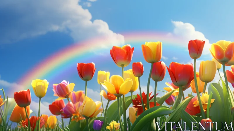 Rainbow Through Tulips: Photorealistic Artwork AI Image
