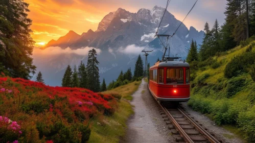 Red Train in the Majestic Alps: A Romantic Landscape