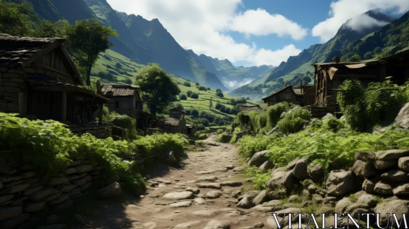 Tranquil Mountain Village - A Glimpse of Nature's Majesty AI Image