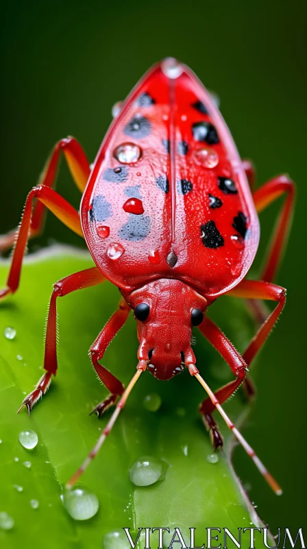 Ultra Detailed Image of Red Beetle on Wet Leaf AI Image