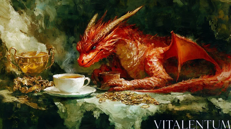 Red Dragon Sipping Tea with Gold AI Image