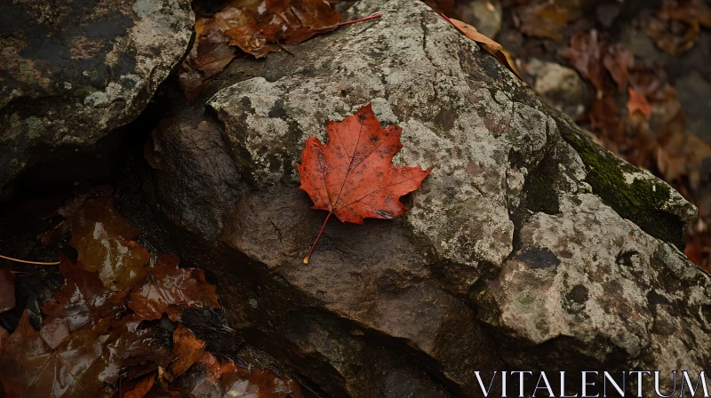 Red Maple Leaf on Moss-Covered Forest Stone AI Image