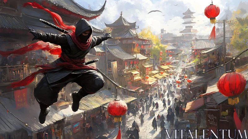 Urban Ninja Action in Old Town AI Image