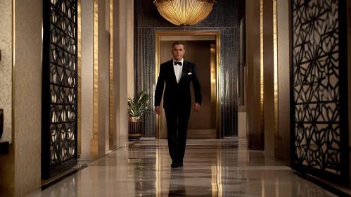 Elegant Man in Formal Wear in Lavish Hallway