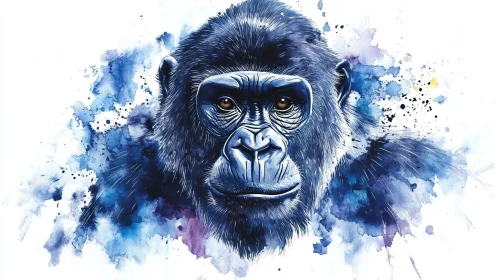 Blue Watercolor Gorilla Portrait