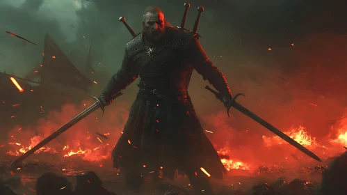 Fiery Warrior with Swords