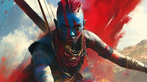 Fierce Woman Warrior with Red and Blue Paint