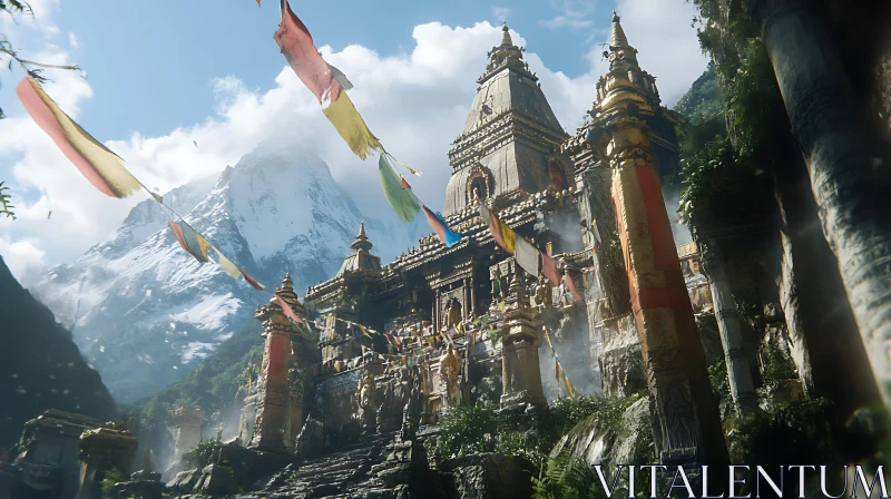 AI ART Mountain Temple with Prayer Flags