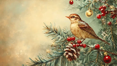 Winter Bird Christmas Pine Painting