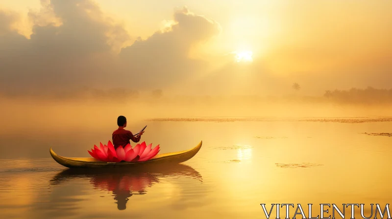 AI ART Golden Hour Serenity: Lotus Boat Journey