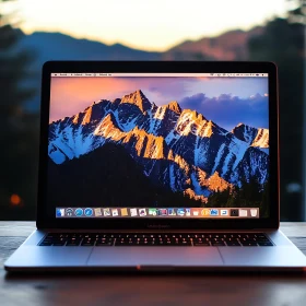 Tech Meets Nature: Laptop and Sunset Mountain Display