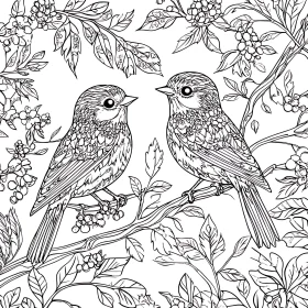 Monochrome Bird Illustration with Floral Elements