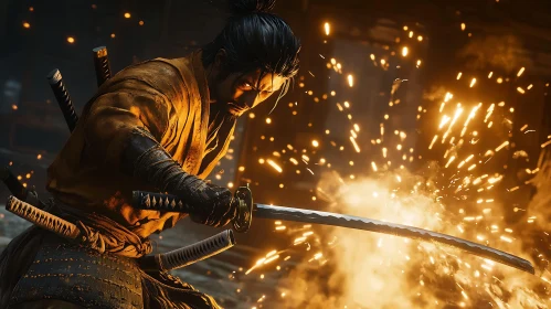 Samurai Swordsman Amidst Sparks