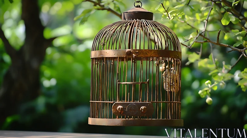 Vintage Birdcage among Green Leaves AI Image