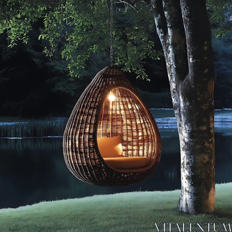 AI ART Illuminated Hanging Chair in Tranquil Outdoor Setting