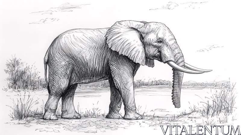 Elephant Sketch Near Water AI Image