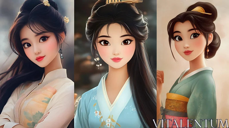 Stylized Portraits of Women in Kimonos AI Image