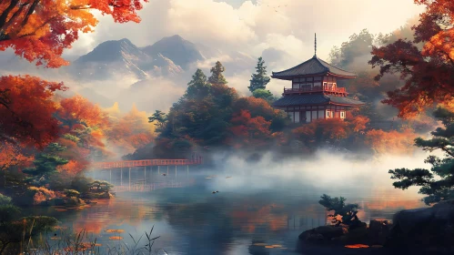Japanese Pagoda in Fall Landscape