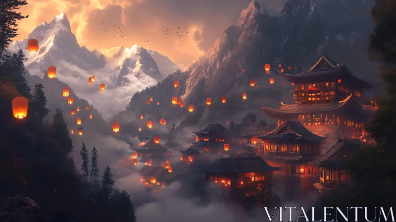 AI ART Lanterns Over Asian Village in Mountains