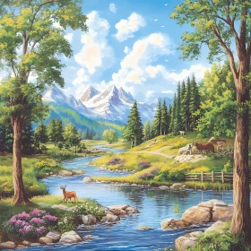 Scenic Nature View with Deer and Horses