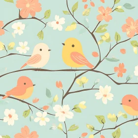 Floral Bird Pattern on Blue Background