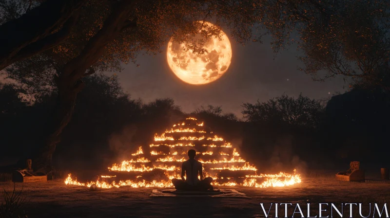 Fiery Pyramid Meditation Under Full Moon AI Image