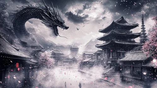 Mythical Dragon in Monochrome Landscape