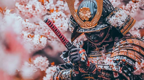 Warrior with Katana among Cherry Blossoms