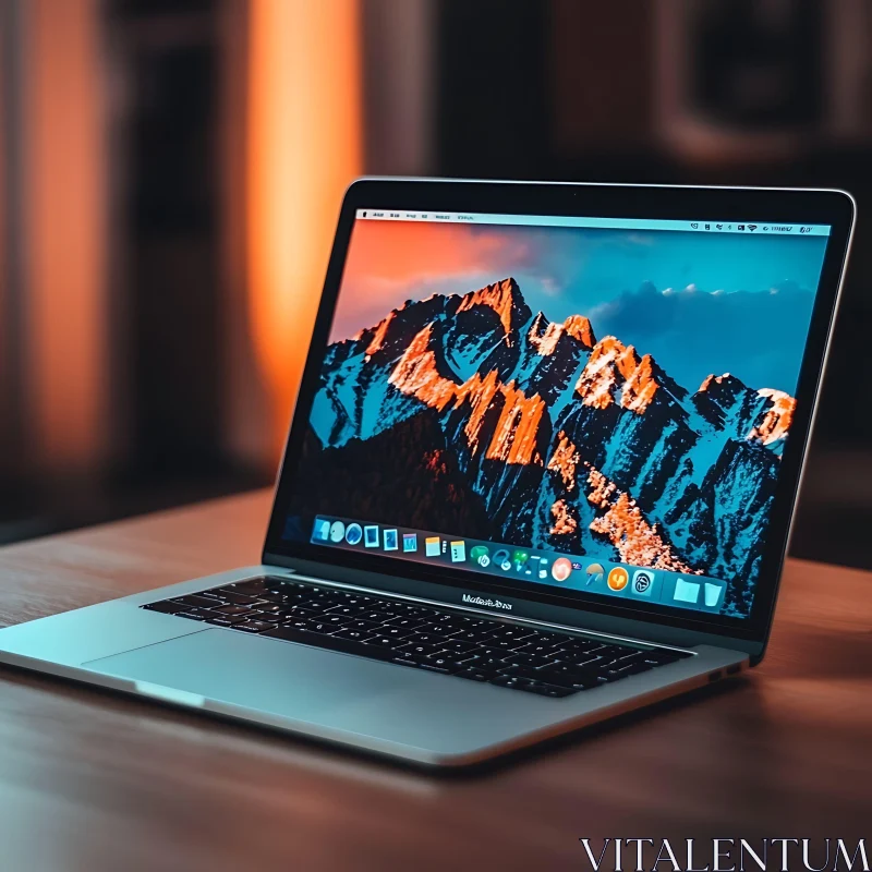 Laptop with Scenic Mountain Screen on Wooden Desk AI Image