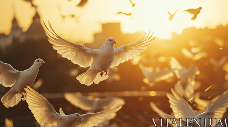 Golden Hour Flight of Pigeons AI Image