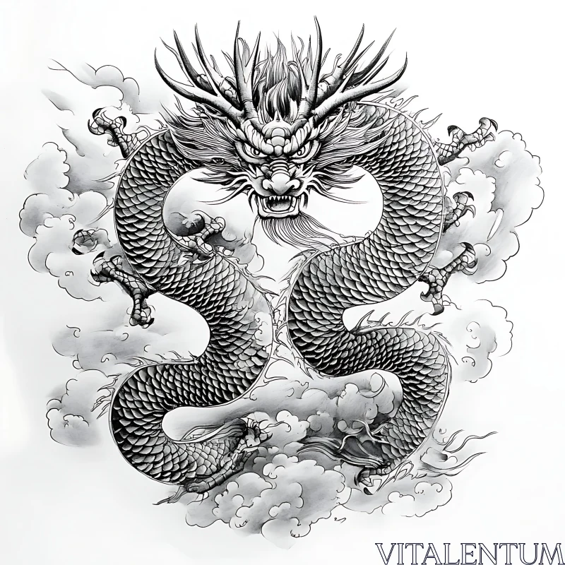 AI ART Coiled Dragon in Clouds: Detailed Line Art