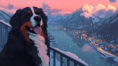Snowy Landscape with Serene Dog and Sunset