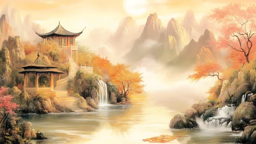 Peaceful Mountain Vista with Chinese Pagoda