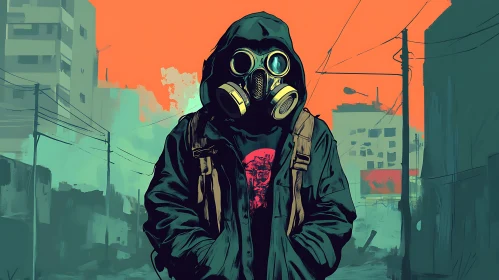 Post-Apocalyptic Cityscape with Masked Figure