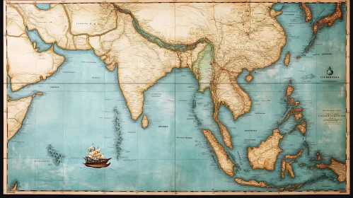 Antique Asia Map with Sailing Vessel