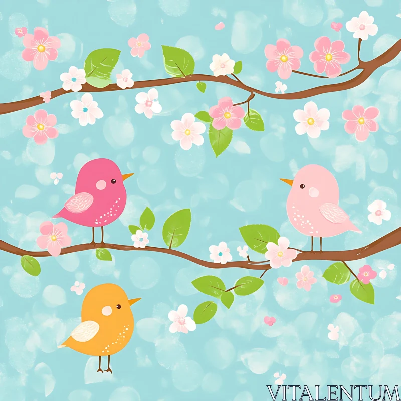 AI ART Birds on Branches Floral Illustration