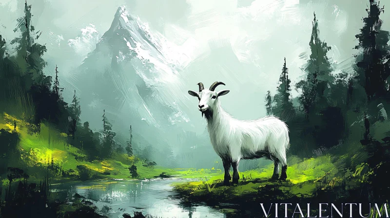 AI ART Peaceful Mountain Scene with Goat