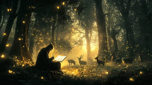 Golden Lit Forest Scene with Scribe