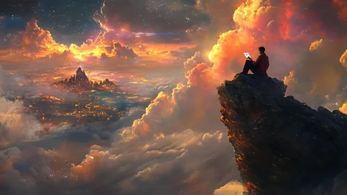 Man on Cliff Above City in Clouds
