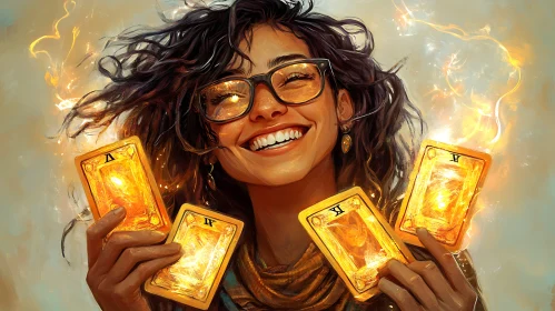 Smiling Woman with Glowing Tarot Cards